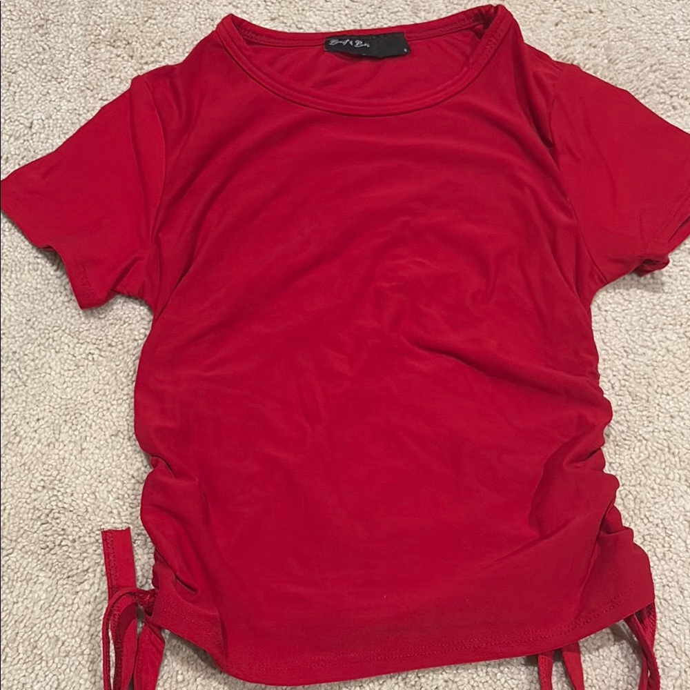 Red Ruched Tie Front Short Sleeve T-Shirt